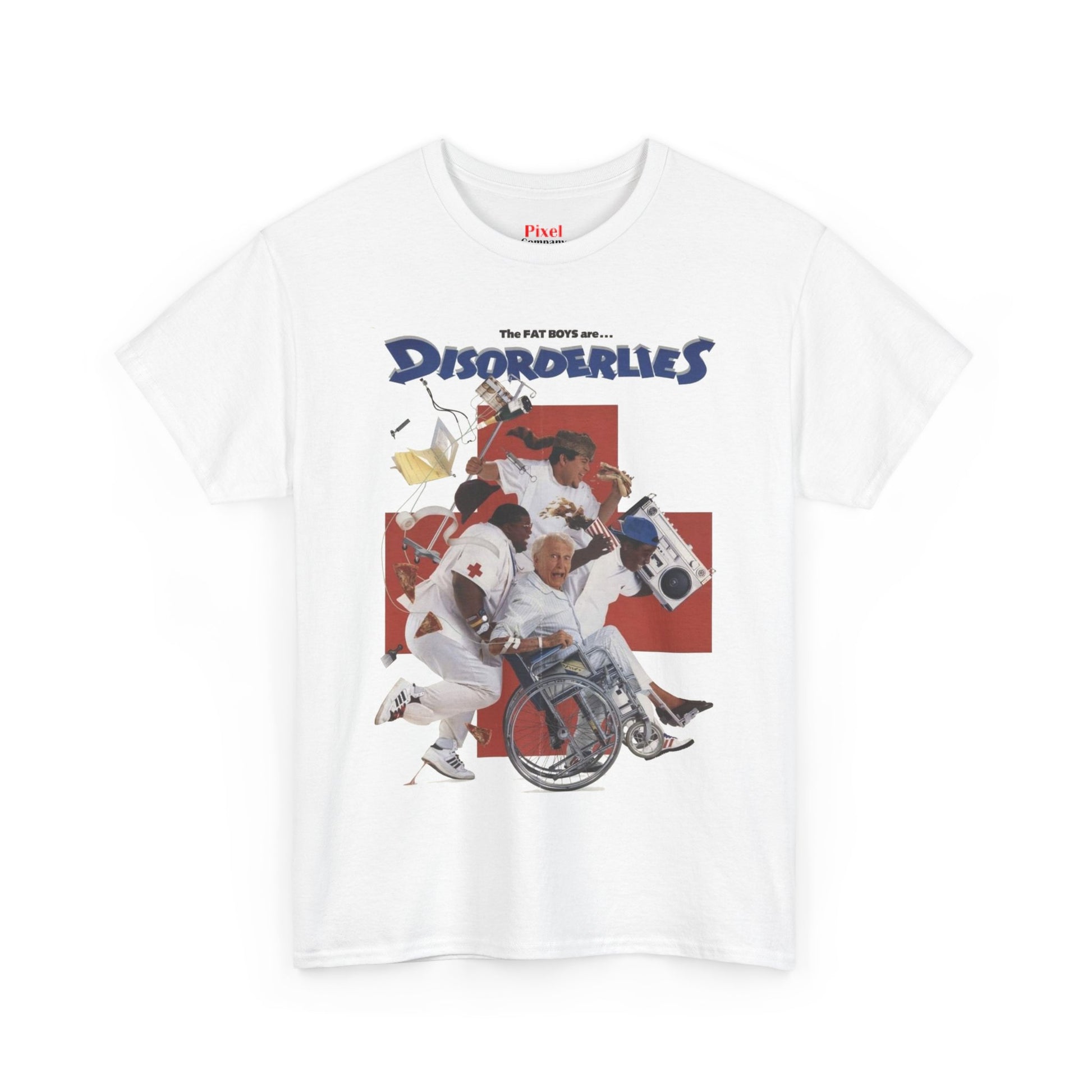 White t-shirt with a graphic design of a person in a wheelchair and text on a white background, Disorderlies vintage 80s hip-hop comedy graphic t-shirt, unisex heavy-cotton