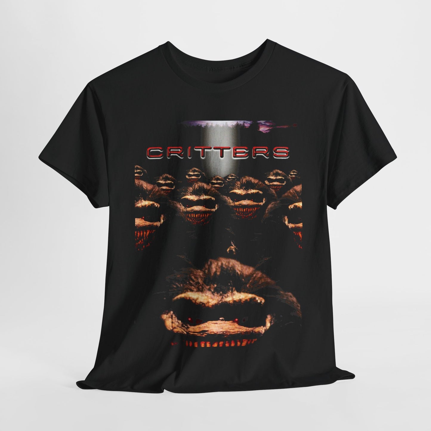 Black t-shirt with 'Critters' graphic design on a white background, Critters 80s horror sci-fi cult classic graphic t-shirt, unisex heavy-cotton