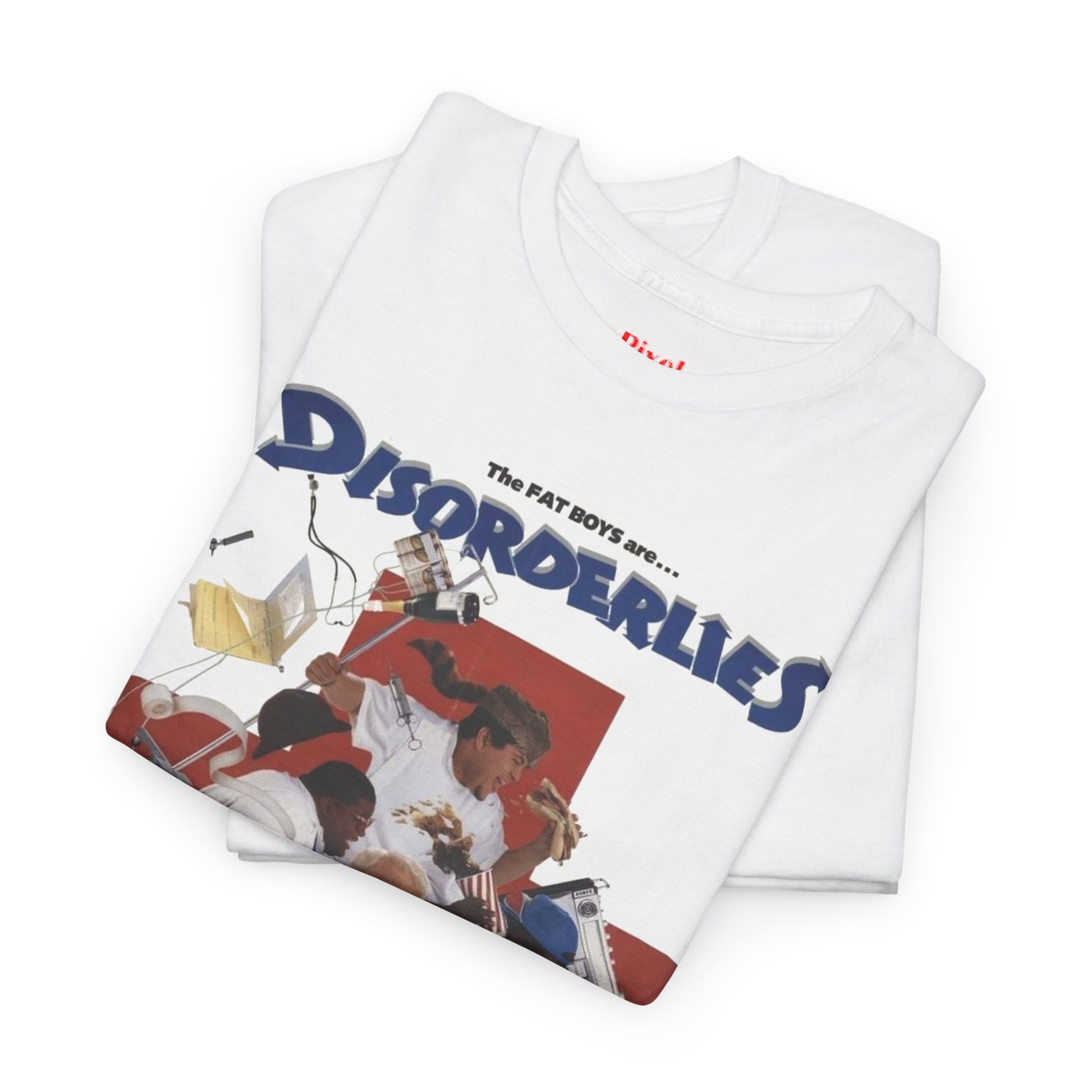 White t-shirt with colorful graphic design and text on a white background, Disorderlies vintage 80s hip-hop comedy graphic t-shirt, unisex heavy-cotton