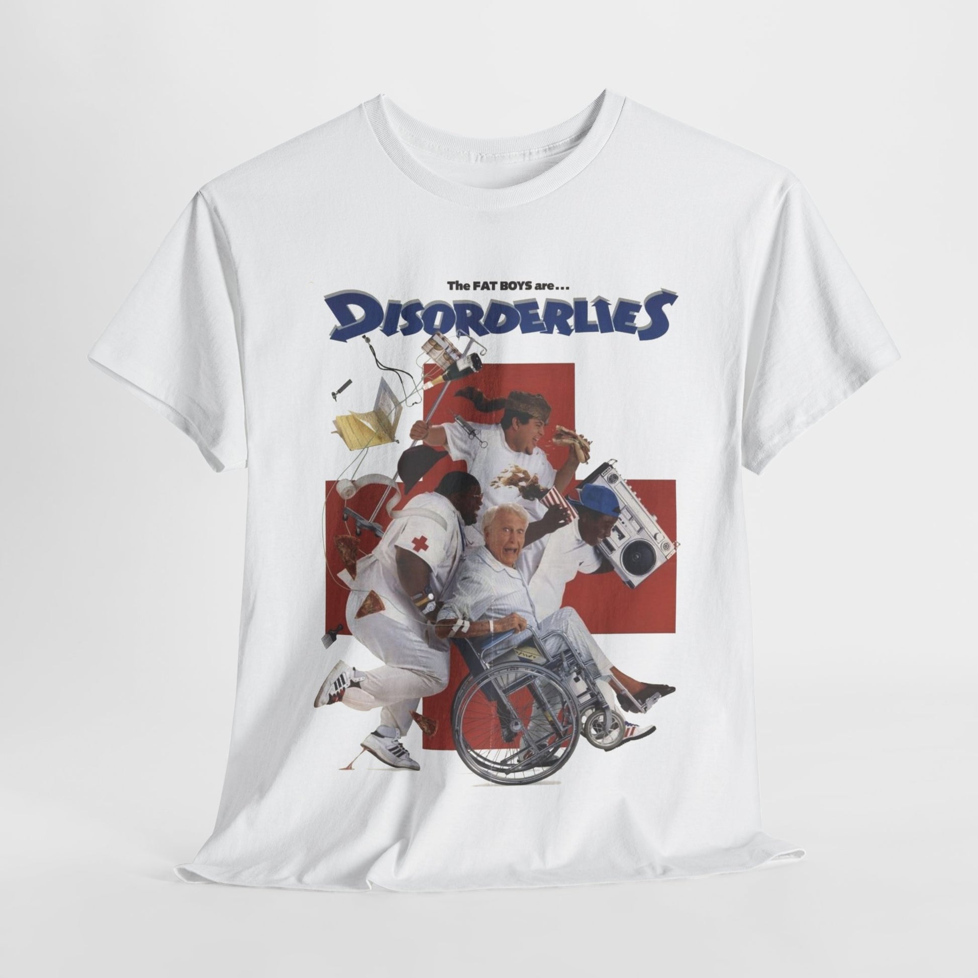 White t-shirt with graphic design and text 'The Fat Boys are Disorderlies' on a white background, Disorderlies vintage 80s hip-hop comedy graphic t-shirt, unisex heavy-cotton