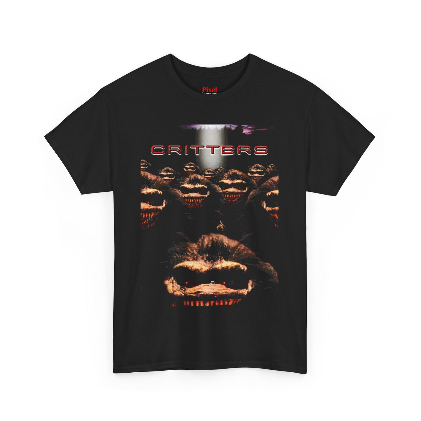 Black t-shirt with 'Critters' graphic design on a white background, Critters 80s horror sci-fi cult classic graphic t-shirt, unisex heavy-cotton